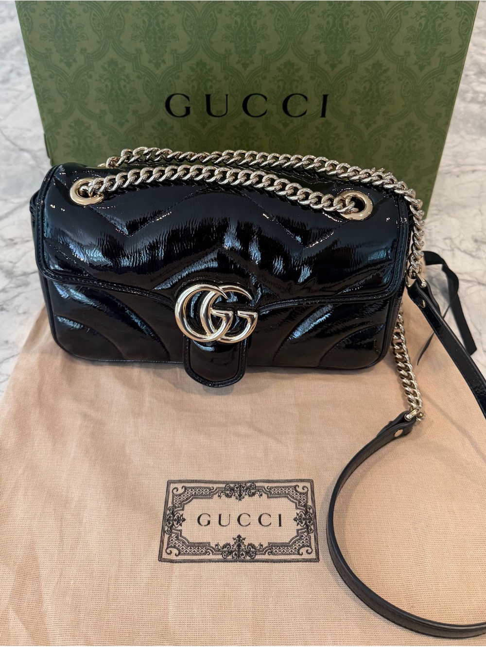 Authentic Gucci Black Patent Leather GG Marmont Shoulder Bag